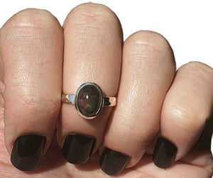 Australian Black Opal Ring, Size 6, Sterling Silver, Oval Shaped, October Birthstone - GemzAustralia 