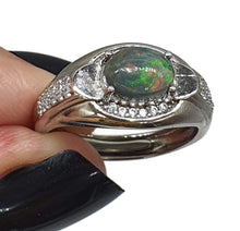 Load image into Gallery viewer, Australian Black Opal &amp; Diamond Ring, Size 7.5, Adjustable, Sterling Silver, Lucky Stone - GemzAustralia 