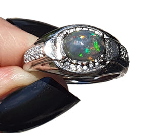 Australian Black Opal & Diamond Ring, Size 7.5, Adjustable, Sterling Silver, Lucky Stone - GemzAustralia 