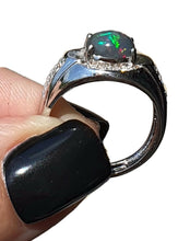 Load image into Gallery viewer, Australian Black Opal &amp; Diamond Ring, Size 7.5, Adjustable, Sterling Silver, Lucky Stone - GemzAustralia 