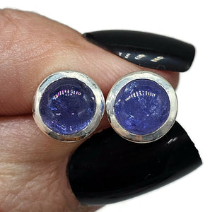 Tanzanite Studs, Sterling Silver, Round Shaped, Cabochon Earrings, Solitaire studs - GemzAustralia 