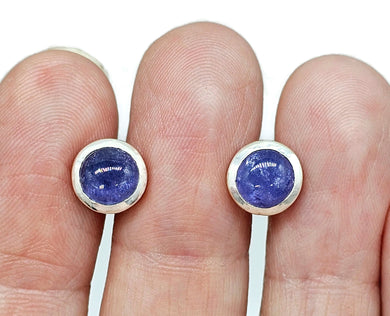 Tanzanite Studs, Sterling Silver, Round Shaped, Cabochon Earrings, Solitaire studs - GemzAustralia 