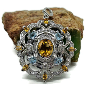 Citrine, Blue Topaz & White Zircon Pendant, Sterling Silver, November and December - GemzAustralia 