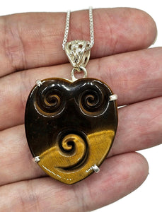 Tiger's Eye Pendant, Sterling Silver, Scroll Carving, Kundalini Awakening, Courage Stone - GemzAustralia 