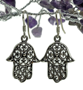 Hamsa Hand Earrings, Sterling Silver, Oxidized Silver, Universal sign of protection - GemzAustralia 