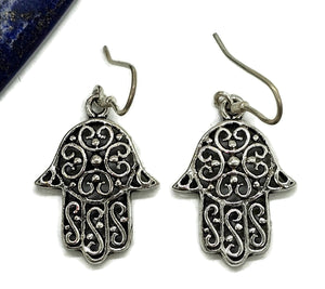 Hamsa Hand Earrings, Sterling Silver, Oxidized Silver, Universal sign of protection - GemzAustralia 