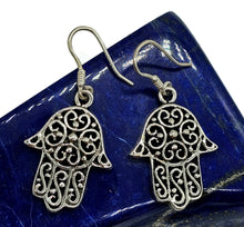 Load image into Gallery viewer, Hamsa Hand Earrings, Sterling Silver, Oxidized Silver, Universal sign of protection - GemzAustralia 