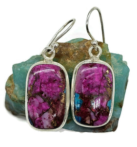 Oyster Turquoise & Pink Opal Earrings, Sterling Silver, Rectangle Shaped, Hot Pink Gemstone - GemzAustralia 