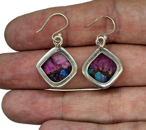 Diamond Shaped, Oyster Turquoise & Pink Opal Earrings, Sterling Silver, Hot Pink Gemstone - GemzAustralia 