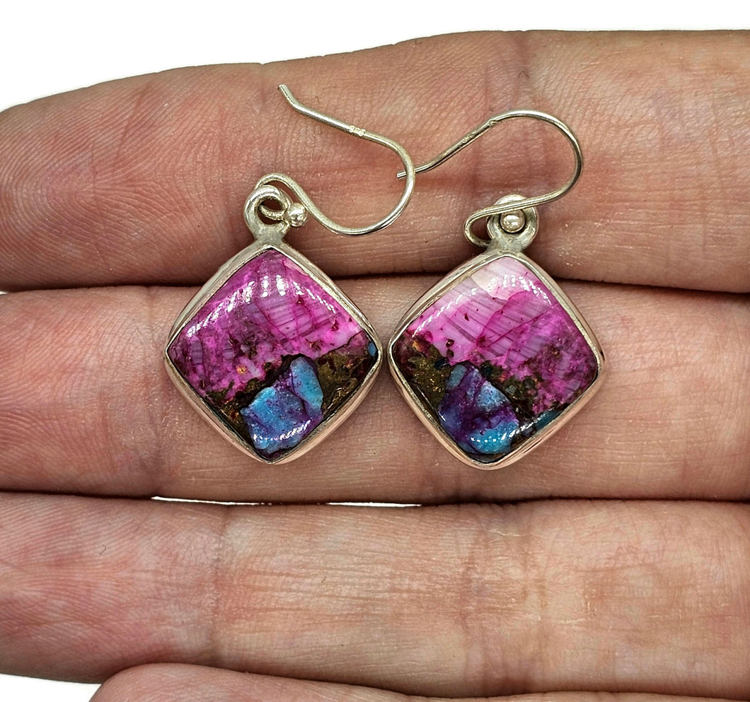 Diamond Shaped, Oyster Turquoise & Pink Opal Earrings, Sterling Silver, Hot Pink Gemstone - GemzAustralia 