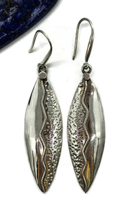 Bold & Long Silver Earrings, Zig Zag Hammered Design, Sterling Silver, Marquise Shaped - GemzAustralia 