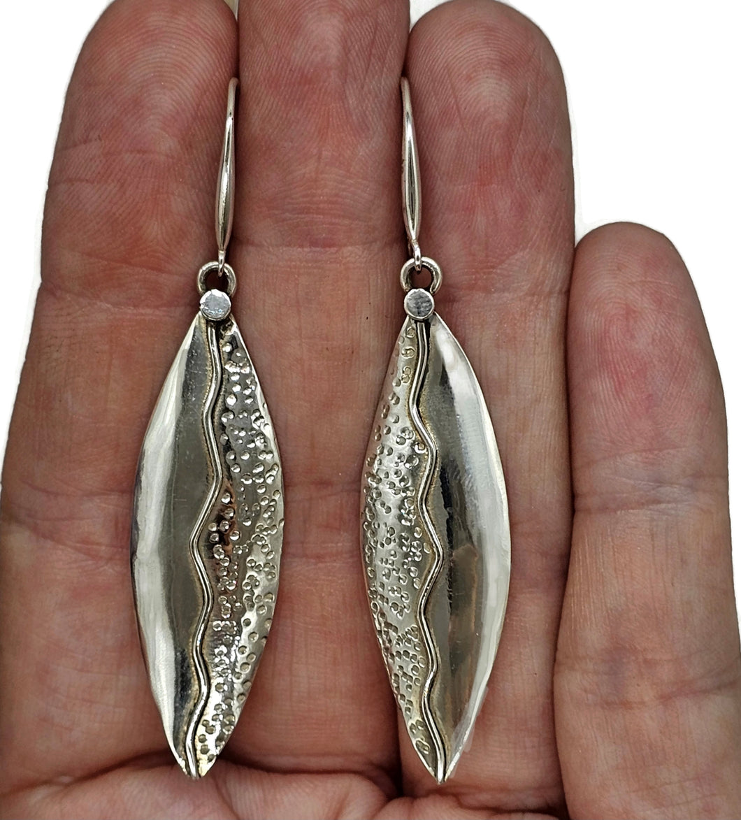 Bold & Long Silver Earrings, Zig Zag Hammered Design, Sterling Silver, Marquise Shaped - GemzAustralia 