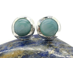 Larimar Studs Earrings, Dolphin Stone, Stone of Atlantis, Sterling Silver, Round Shaped - GemzAustralia 