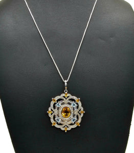 Citrine, Blue Topaz & White Zircon Pendant, Sterling Silver, November and December - GemzAustralia 