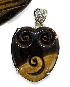 Tiger's Eye Pendant, Sterling Silver, Scroll Carving, Kundalini Awakening, Courage Stone - GemzAustralia 