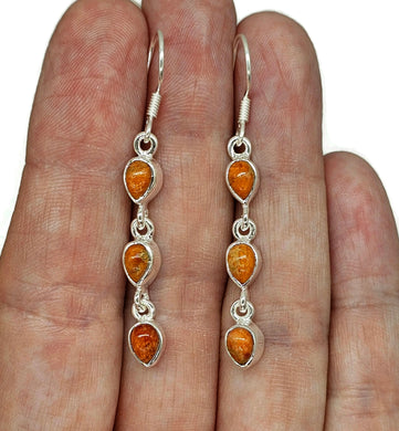 Sponge Coral Earrings, Sterling Silver, Pear Shaped, Three Stone drop, Orange / red coral - GemzAustralia 