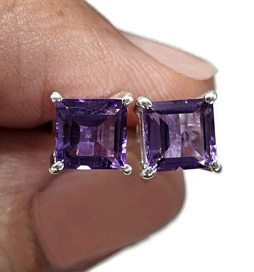 Amethyst Studs, Three carats, Sterling Silver, Square Shaped, Solitaire studs - GemzAustralia 