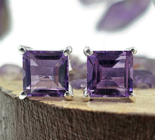 Load image into Gallery viewer, Amethyst Studs, Three carats, Sterling Silver, Square Shaped, Solitaire studs - GemzAustralia 