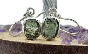 Moldavite Earrings, Sterling Silver, Rectangle Shaped, Meteorite Stone - GemzAustralia 