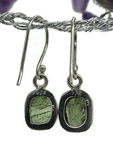 Moldavite Earrings, Sterling Silver, Rectangle Shaped, Meteorite Stone - GemzAustralia 