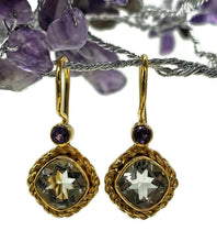 Load image into Gallery viewer, Purple Amethyst &amp; Green Amethyst Earrings, Gold Plated Sterling Silver, Prasiolite Gem - GemzAustralia 