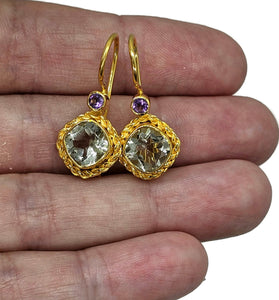 Purple Amethyst & Green Amethyst Earrings, Gold Plated Sterling Silver, Prasiolite Gem - GemzAustralia 