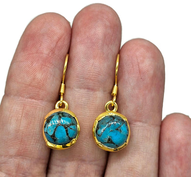 Blue Turquoise Earrings, Gold Plated Sterling Silver, Round Shaped, Protection Stone - GemzAustralia 