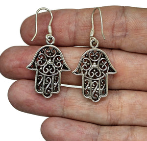 Hamsa Hand Earrings, Sterling Silver, Oxidized Silver, Universal sign of protection - GemzAustralia 