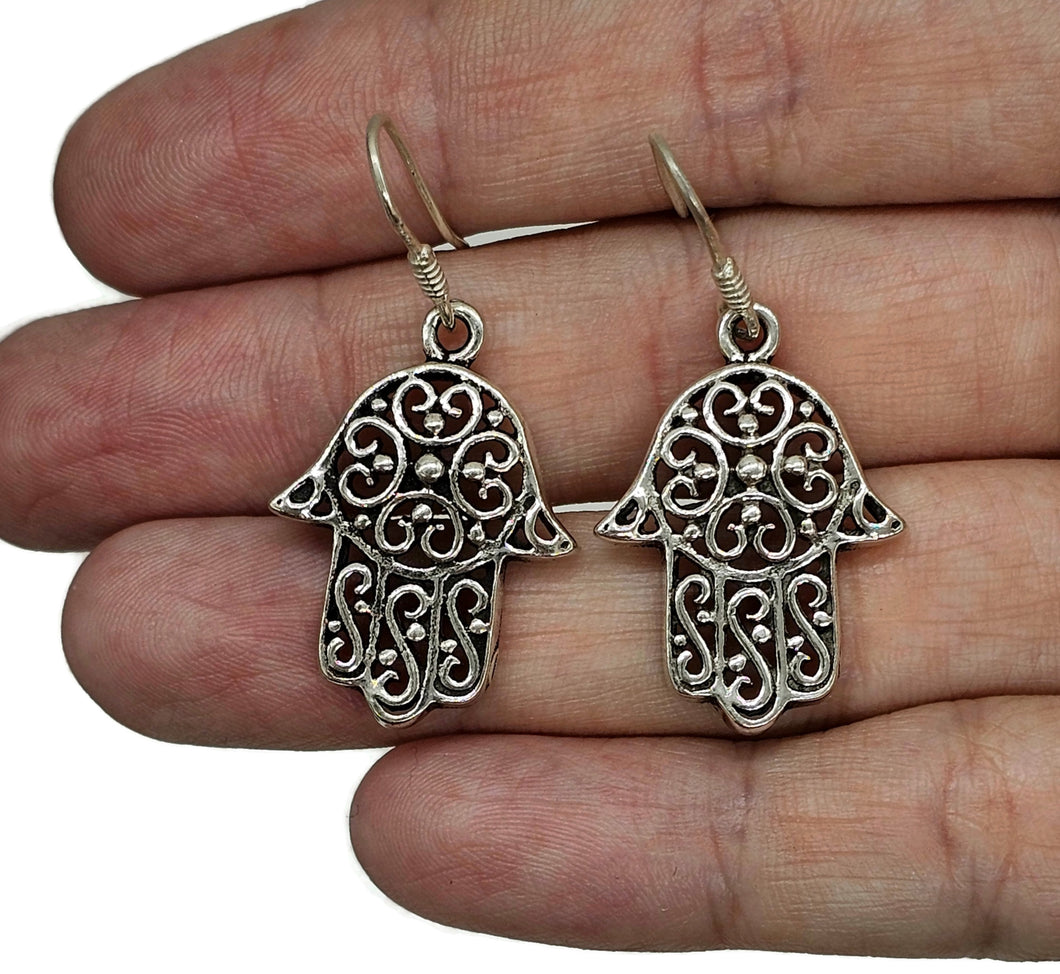 Hamsa Hand Earrings, Sterling Silver, Oxidized Silver, Universal sign of protection - GemzAustralia 