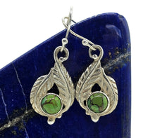 Load image into Gallery viewer, Green Mojave Turquoise Earrings, Sterling Silver, Leaf Design, Protection Stone - GemzAustralia 