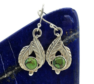 Green Mojave Turquoise Earrings, Sterling Silver, Leaf Design, Protection Stone - GemzAustralia 