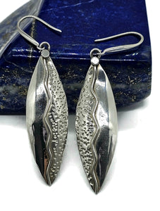 Bold & Long Silver Earrings, Zig Zag Hammered Design, Sterling Silver, Marquise Shaped - GemzAustralia 