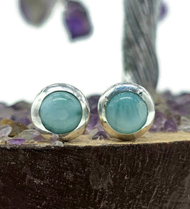 Larimar Studs Earrings, Dolphin Stone, Stone of Atlantis, Sterling Silver, Round Shaped - GemzAustralia 