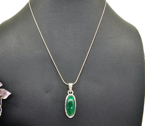 Long Oval Malachite Pendant, Sterling Silver, Beautiful Rich Green Gemstone - GemzAustralia 