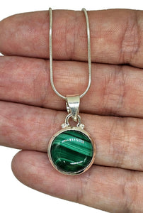 Round Malachite Pendant, Sterling Silver, Beautiful Rich Green Gemstone, Bezel Setting - GemzAustralia 