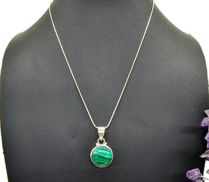 Round Malachite Pendant, Sterling Silver, Beautiful Rich Green Gemstone, Bezel Setting - GemzAustralia 