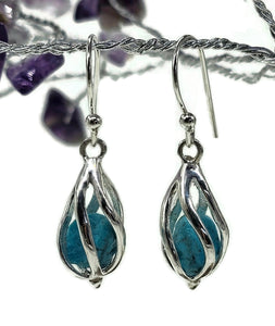 Raw Blue Turquoise Cage Earrings, Sterling Silver, December Birthstone, Rough Turquoise - GemzAustralia 