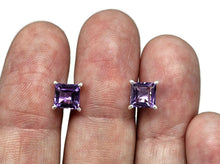 Load image into Gallery viewer, Amethyst Studs, Three carats, Sterling Silver, Square Shaped, Solitaire studs - GemzAustralia 