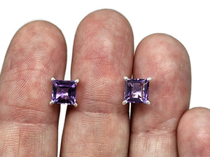 Amethyst Studs, Three carats, Sterling Silver, Square Shaped, Solitaire studs - GemzAustralia 