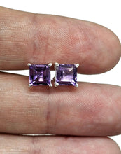 Load image into Gallery viewer, Amethyst Studs, Three carats, Sterling Silver, Square Shaped, Solitaire studs - GemzAustralia 