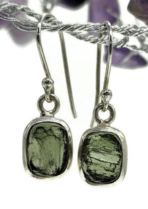 Moldavite Earrings, Sterling Silver, Rectangle Shaped, Meteorite Stone - GemzAustralia 