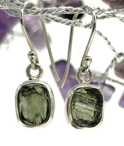 Moldavite Earrings, Sterling Silver, Rectangle Shaped, Meteorite Stone - GemzAustralia 