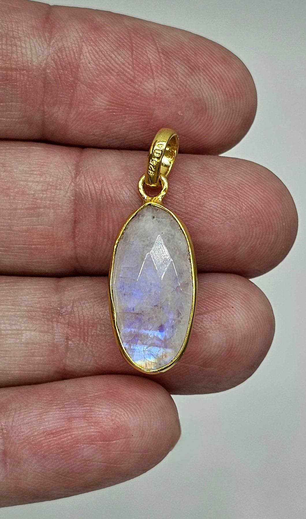 Faceted Rainbow Moonstone Pendant, 18k Gold Plated Sterling Silver, Oval Shape - GemzAustralia 