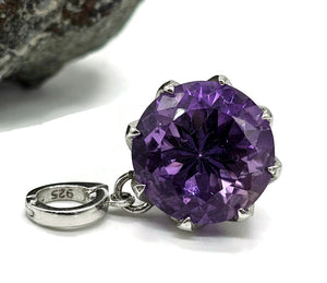 Amethyst Pendant, 9 carats, Round Shape, Sterling Silver, Eight prong pendant - GemzAustralia 