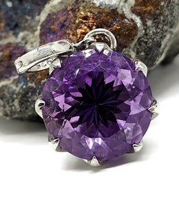 Amethyst Pendant, 9 carats, Round Shape, Sterling Silver, Eight prong pendant - GemzAustralia 