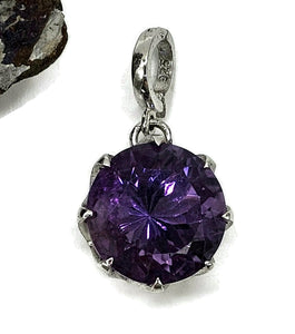 Amethyst Pendant, 9 carats, Round Shape, Sterling Silver, Eight prong pendant - GemzAustralia 