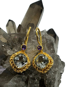 Purple Amethyst & Green Amethyst Earrings, Gold Plated Sterling Silver, Prasiolite Gem - GemzAustralia 