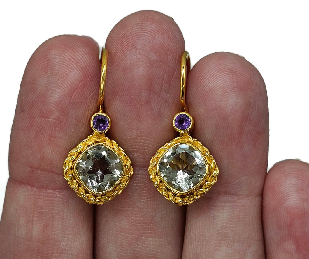 Purple Amethyst & Green Amethyst Earrings, Gold Plated Sterling Silver, Prasiolite Gem - GemzAustralia 