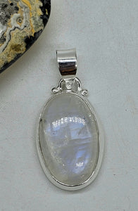 Rainbow Moonstone Pendant, Oval Shape, Sterling Silver, Goddess Gemstone - GemzAustralia 