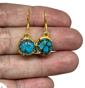 Blue Turquoise Earrings, Gold Plated Sterling Silver, Round Shaped, Protection Stone - GemzAustralia 